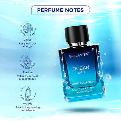 Bellavita Ocean Man luxury collection perfume bottle with fragrance notes on a blue background