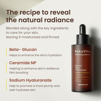 THANKYOU FARMER BakuVita Revitalizing Ampoule (50 ml) Face Serum with Bakuchiol Retinol Alternative with Vitamin C + E | Korean Serum for Hydration, Firming, Pore Care & Radiant Glow, Vegan