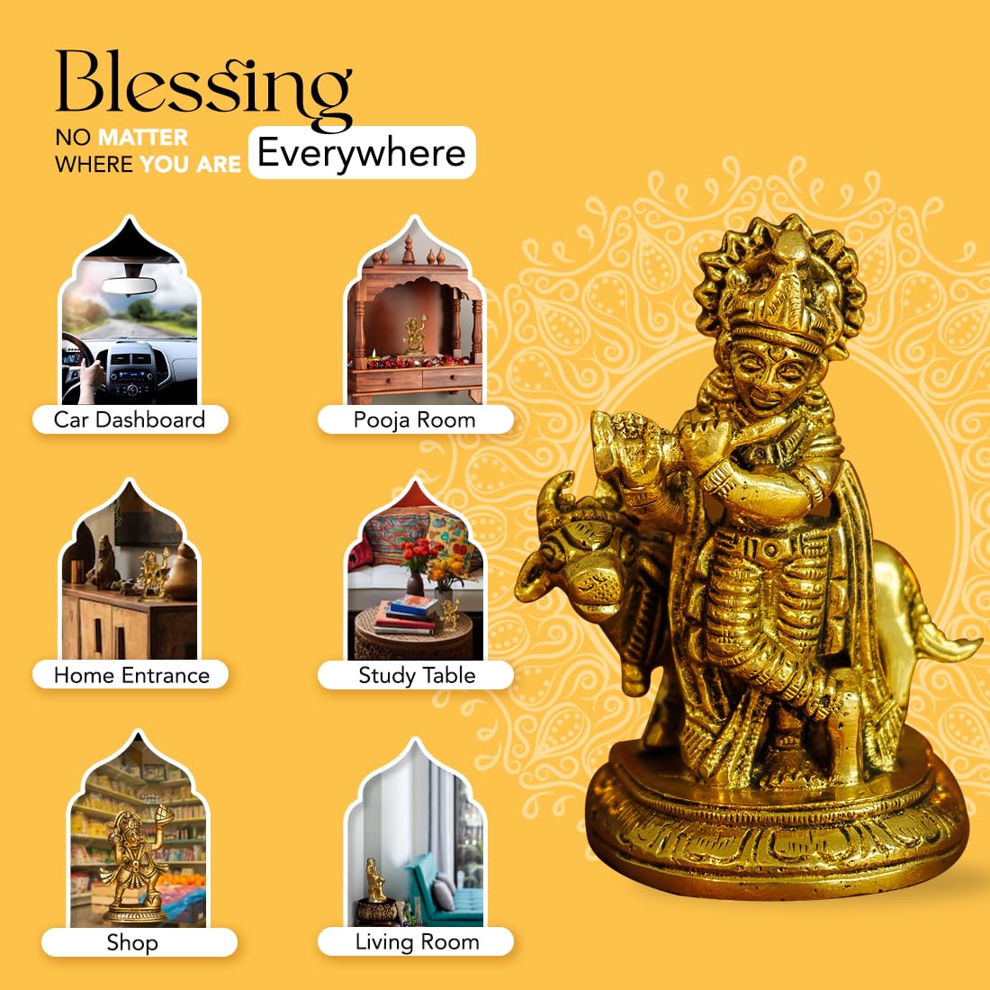 100% Pure Brass Lord Krishna Idol with Flute (9 cm) | Shree Lord Krishna Statue for Home Decor | Kanha Ji ki Murti for Office Desk | Sri Krishna Idols Gift for House Warming