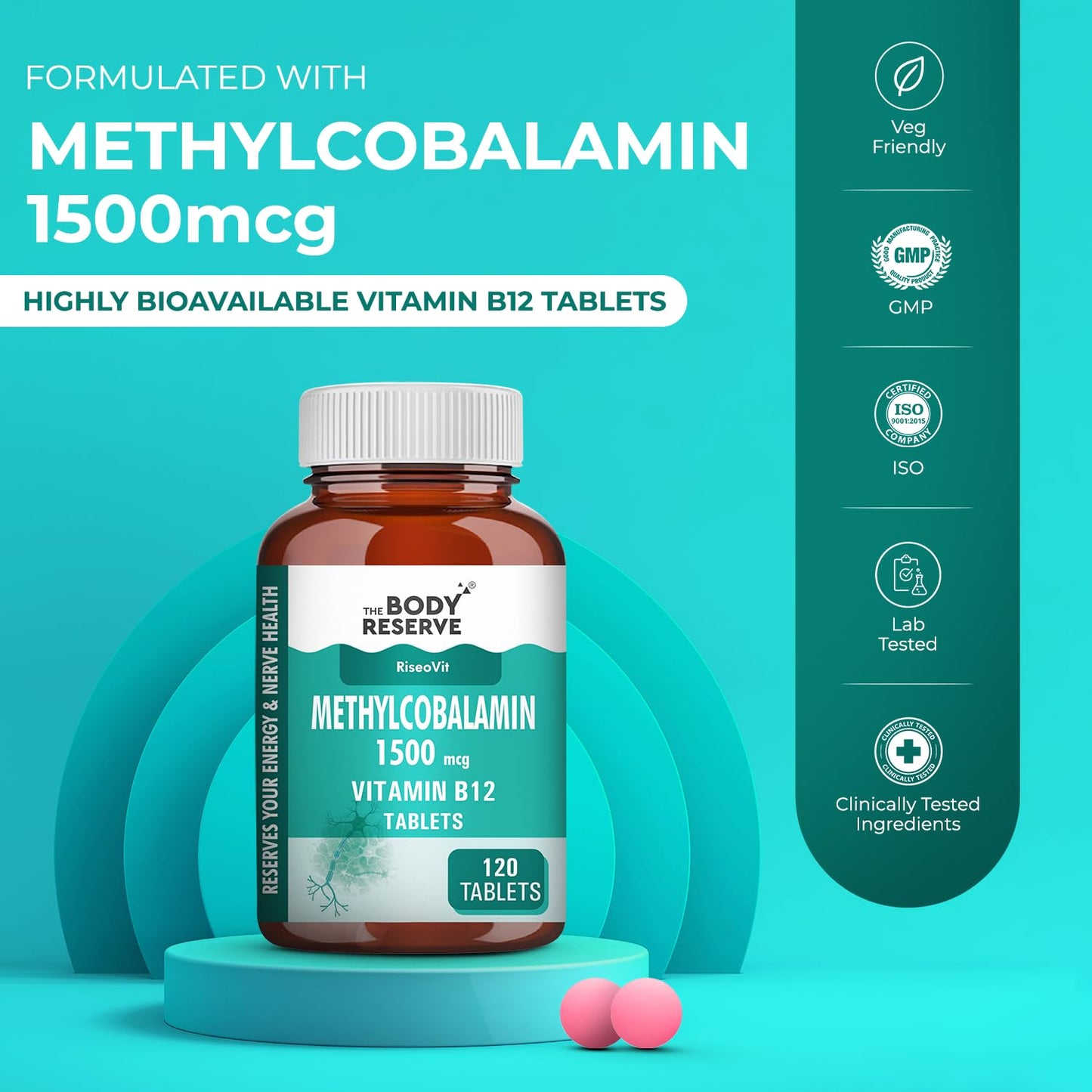THE BODY RESERVE Vitamin B12 Tablets 1500 mcg as Methylcobalamin Vitamin B12 Supplements for Men & Women -120 Veg tablets (4 Months Supply Pack)