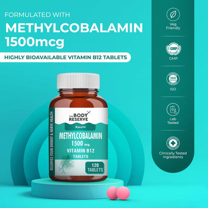 THE BODY RESERVE Vitamin B12 Tablets 1500 mcg as Methylcobalamin Vitamin B12 Supplements for Men & Women -120 Veg tablets (4 Months Supply Pack)