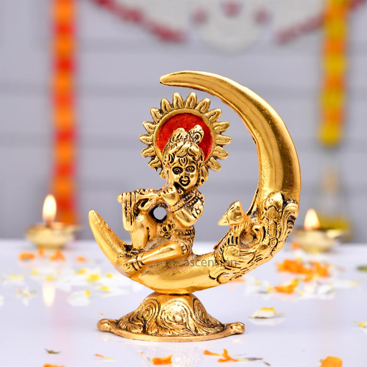 Gold Plated Metal Handicraft Lord Krishna On Moon Playing Basuri Flute Home Decor Idol for Puja and Office Shop Counter Decoration Purpose Showpiece Festive Home Office Gifts