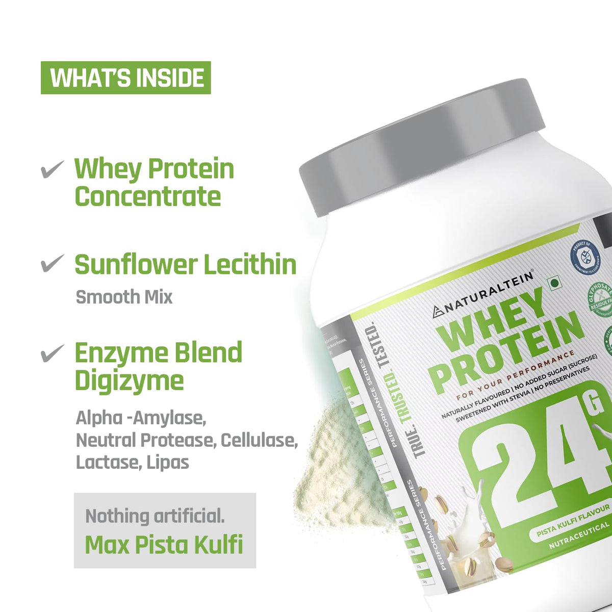 Whey protein container with ingredients listed on a white background