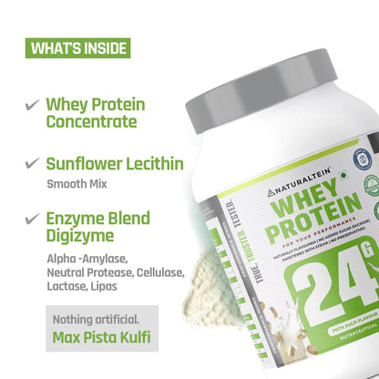 Whey protein container with ingredients listed on a white background