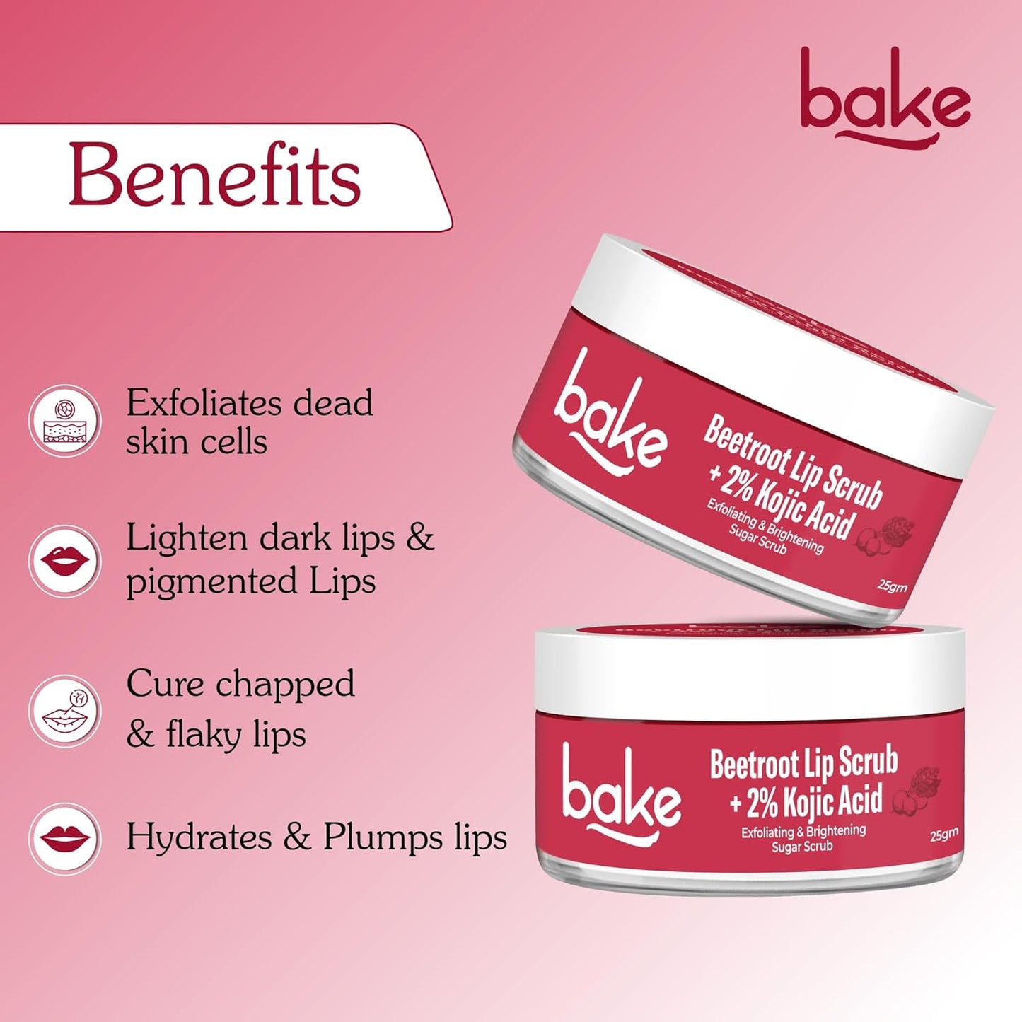 BAKE 2% Kojic Acid Beetroot Lip Scrub for Dark Pigmented Lips with Sugar Granules for Dry & Pink Lips, For Men & Women - 25g