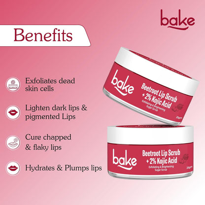 BAKE 2% Kojic Acid Beetroot Lip Scrub for Dark Pigmented Lips with Sugar Granules for Dry & Pink Lips, For Men & Women - 25g