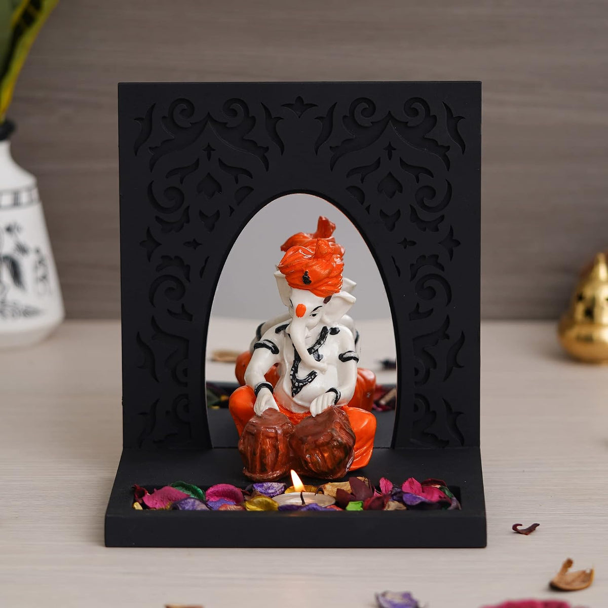 Orange White Resin Lord Ganesha Idol Playing Tabla Showpiece Potpourri Tea Light Candle Holder| Ganpati Murti Tea Light Holder Diwali Decoration Items for Home Decor Office| Diwali Gift