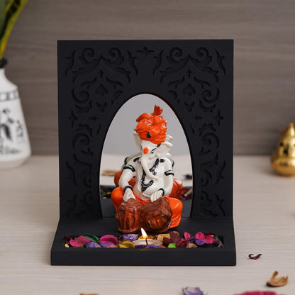 Orange White Resin Lord Ganesha Idol Playing Tabla Showpiece Potpourri Tea Light Candle Holder| Ganpati Murti Tea Light Holder Diwali Decoration Items for Home Decor Office| Diwali Gift