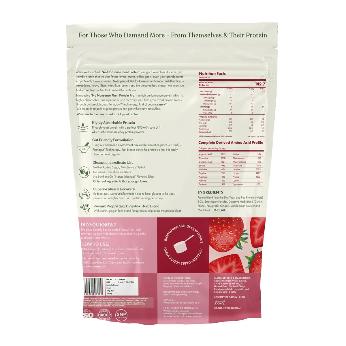 Back view of a protein powder package with nutritional information and branding details.