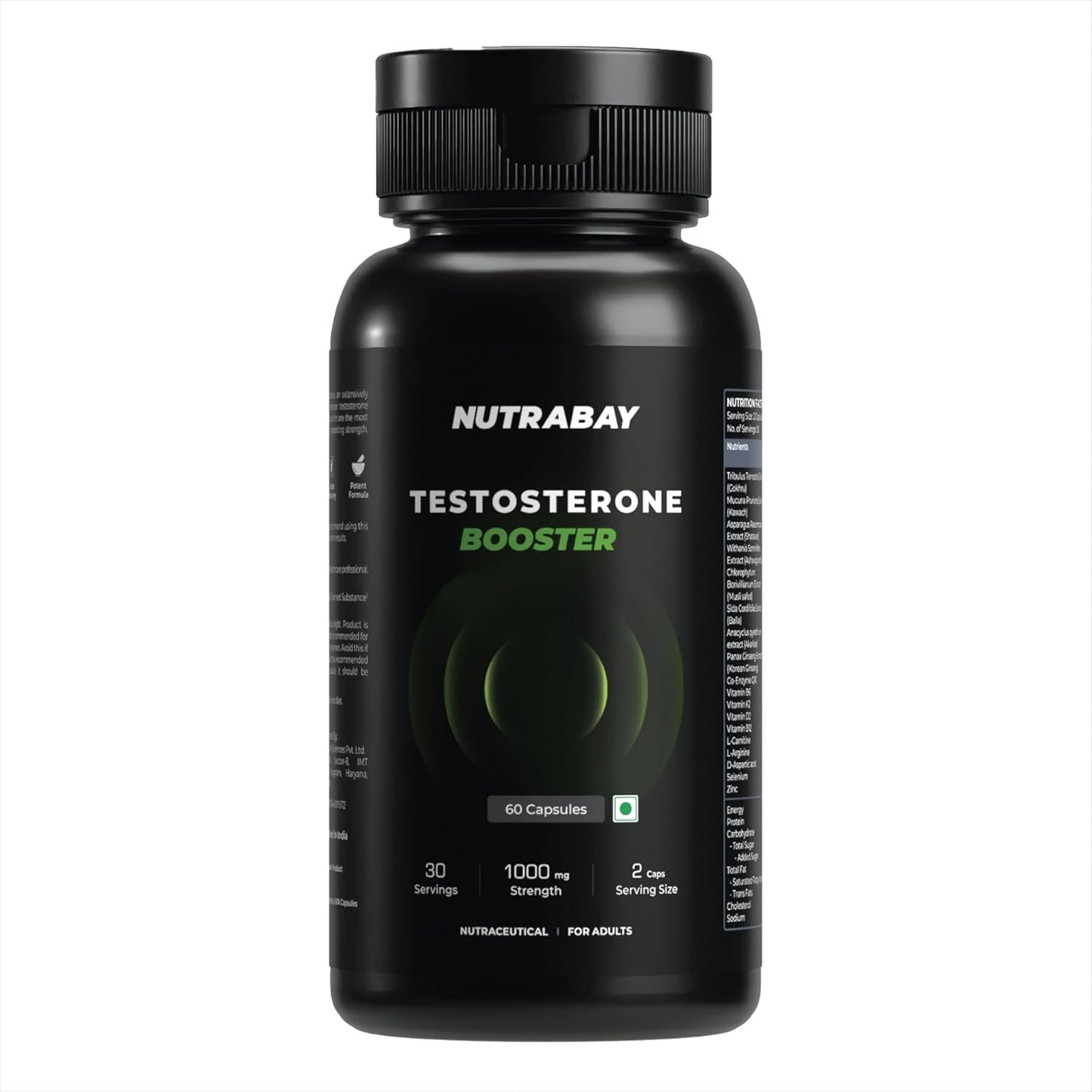 Nutrabay Pro Natural Testosterone Booster with Tribulus, Ashwagandha and Safed Musli - Natural Testosterone Support for Energy, Performance, Stamina & Muscle Growth - 1000mg, 60 Veg Capsules
