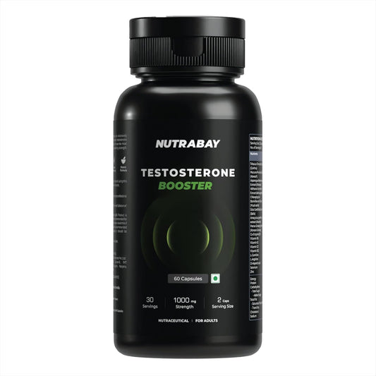Black bottle of Nutrabay Testosterone Booster on a white background