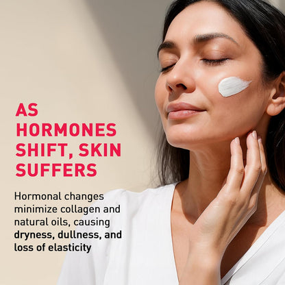 Woman applying cream to her face with text about hormonal changes and skin care.