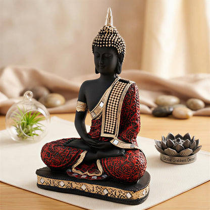New Limited Edition 25 Centimetre Meditating Sitting Buddha Idol Statue showpiece Home Decor Decoration Items for Living Room and Gifts (Red Black)