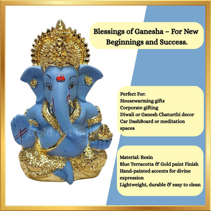 Gold Art India Gold Plated Ganesha with Terracotta Colour - Perfect for Car Dashboards, Office & Home Shelves, Diwali Puja, and Gifting (MukutGoldBlue 3.5"), Idol