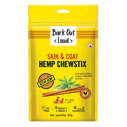 BARK OUT LOUD - Fresh Chicken Dog Treats, Hemp Chewstix with Omega 3 & Vitamin E for Healthy Skin & Coat, Suitable for Dogs & Cats of All Life Stages, 100g (Pack of 1)