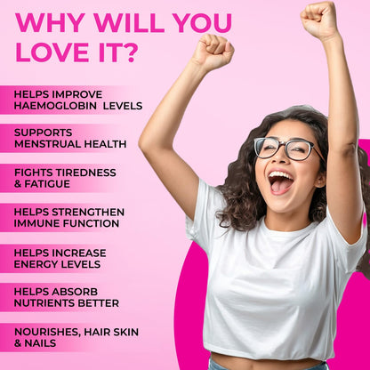 Woman with raised arms against a pink background with health benefits listed