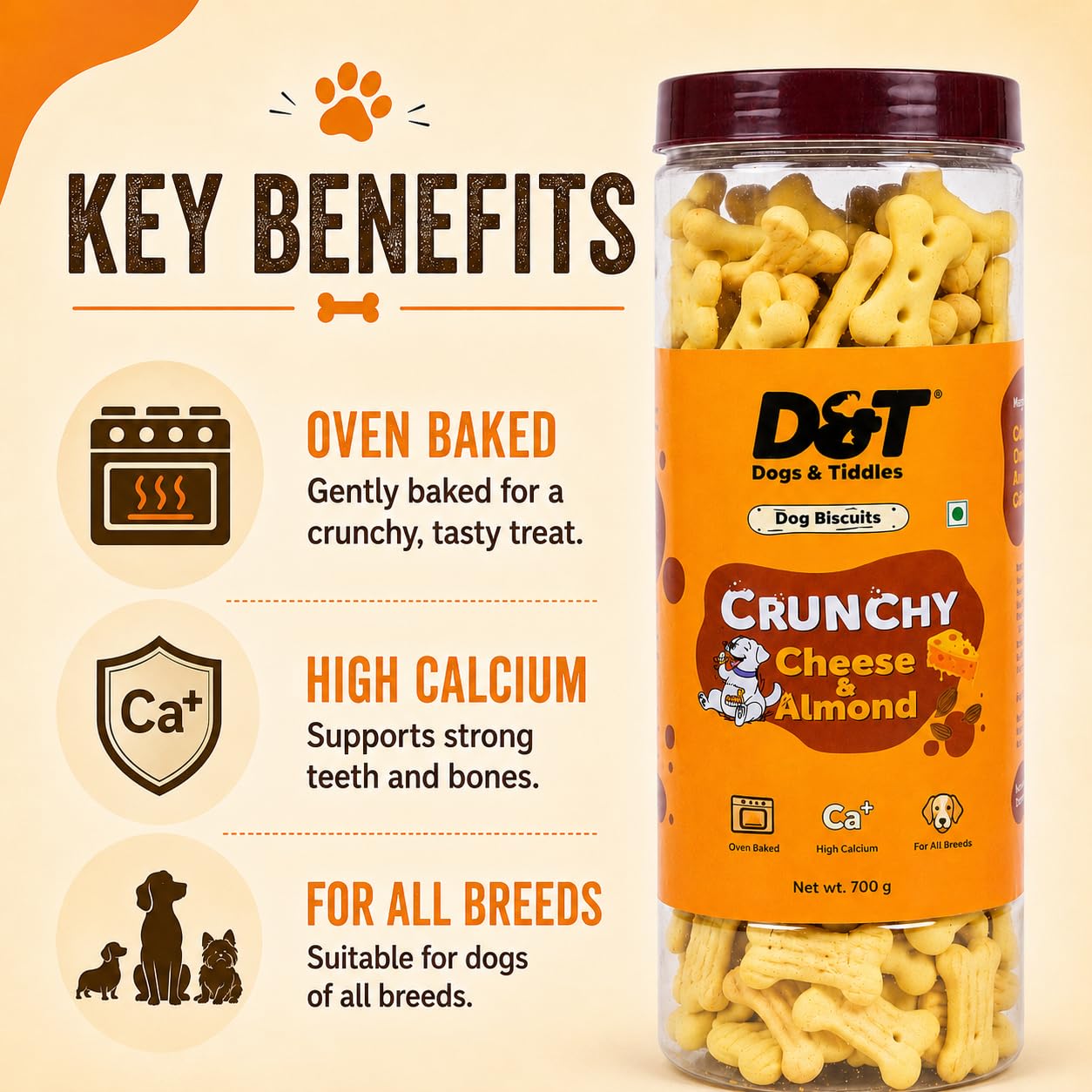 Dogs & Tiddles Cheese & Almond Dog Biscuits 700g | Oven Baked Crunchy Dog Treats | High Calcium Dog Snacks for All Life Stages & All Breeds