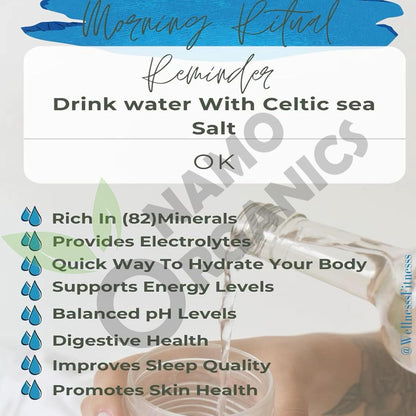 Glass of water with Celtic sea salt being poured, accompanied by text about its benefits.