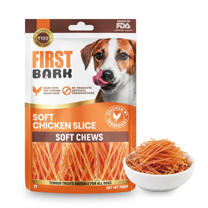 First Bark Dog Treats for Adult Dog & Puppy – Soft Chews Tender Chicken Jerky for Dogs, Small Dogs & Shih Tzu | Easy-to-Chew Puppy Treats & Dog Snacks – Soft Chicken Slice (70g) x1