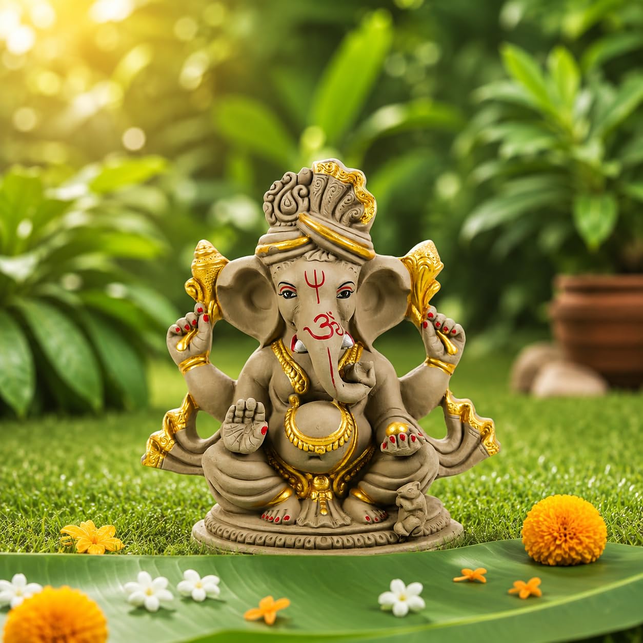 TIED RIBBONS 100% Eco Friendly Clay Mitti Ganesha Idol Statue - (Large, 12 Inch) Murti for Ganpati Visarjan Pooja Room Handcrafted Decoration Items for Ganesh Chaturthi Home Décor Table Gifting Item