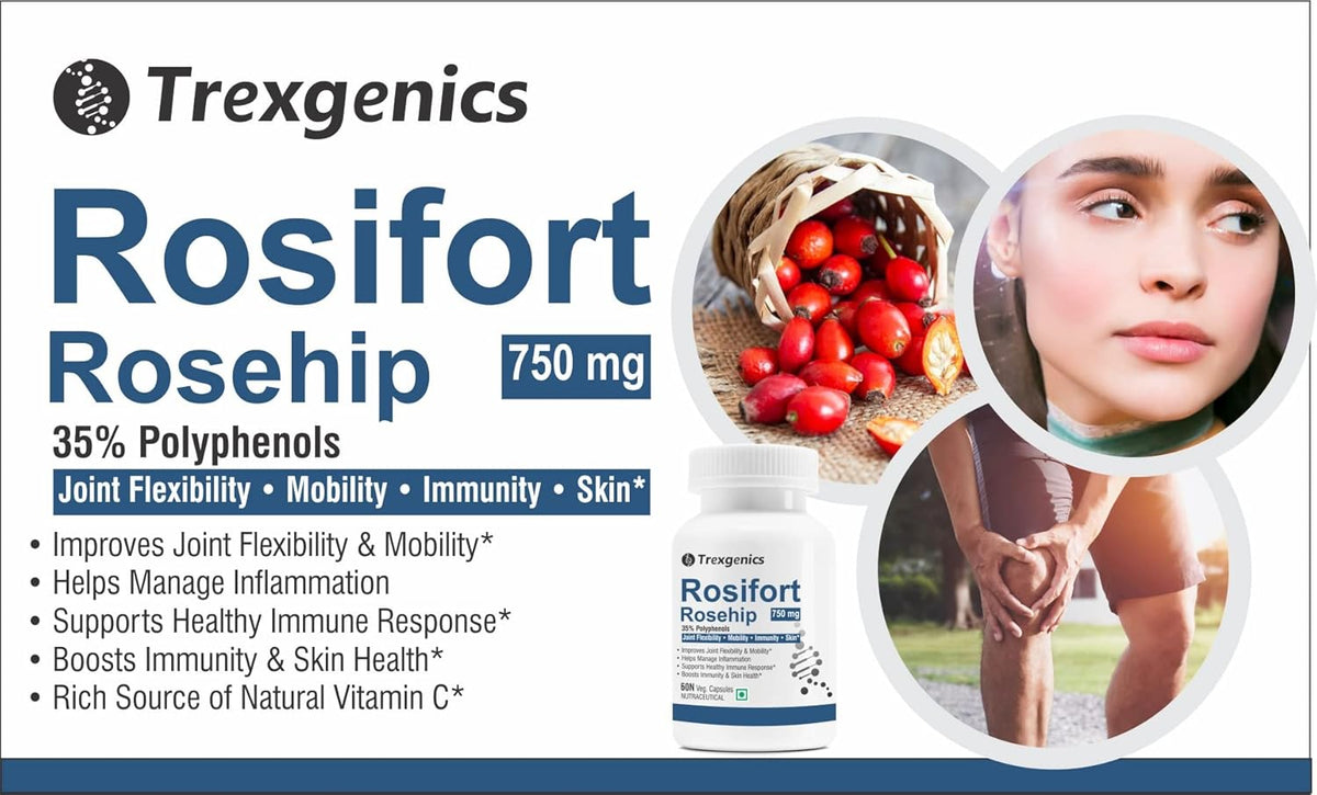 Trexgenics Rosifort Rosehip supplement packaging with images of rosehips, a person, and a joint.