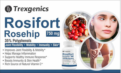 Trexgenics Rosifort Rosehip supplement packaging with images of rosehips, a person, and a joint.