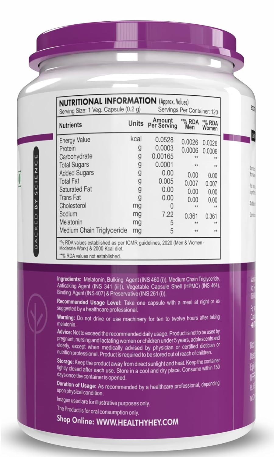 Nutritional information label on a supplement container with purple accents.
