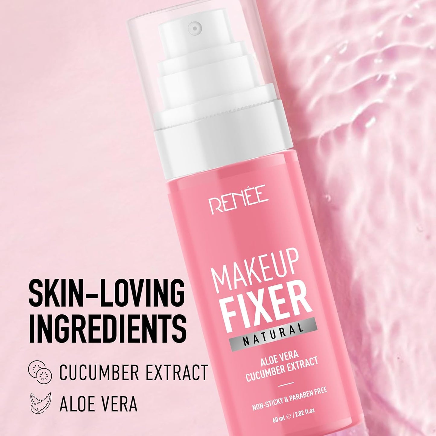 Pink bottle of Rénèe Makeup Fixer on a pink background with text about skin-loving ingredients.