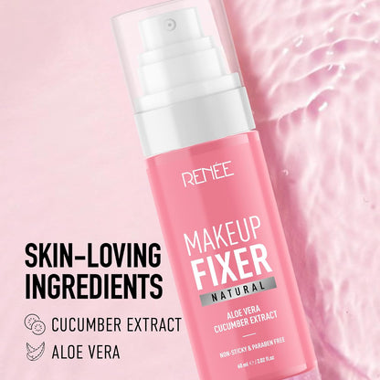 Pink bottle of Rénèe Makeup Fixer on a pink background with text about skin-loving ingredients.