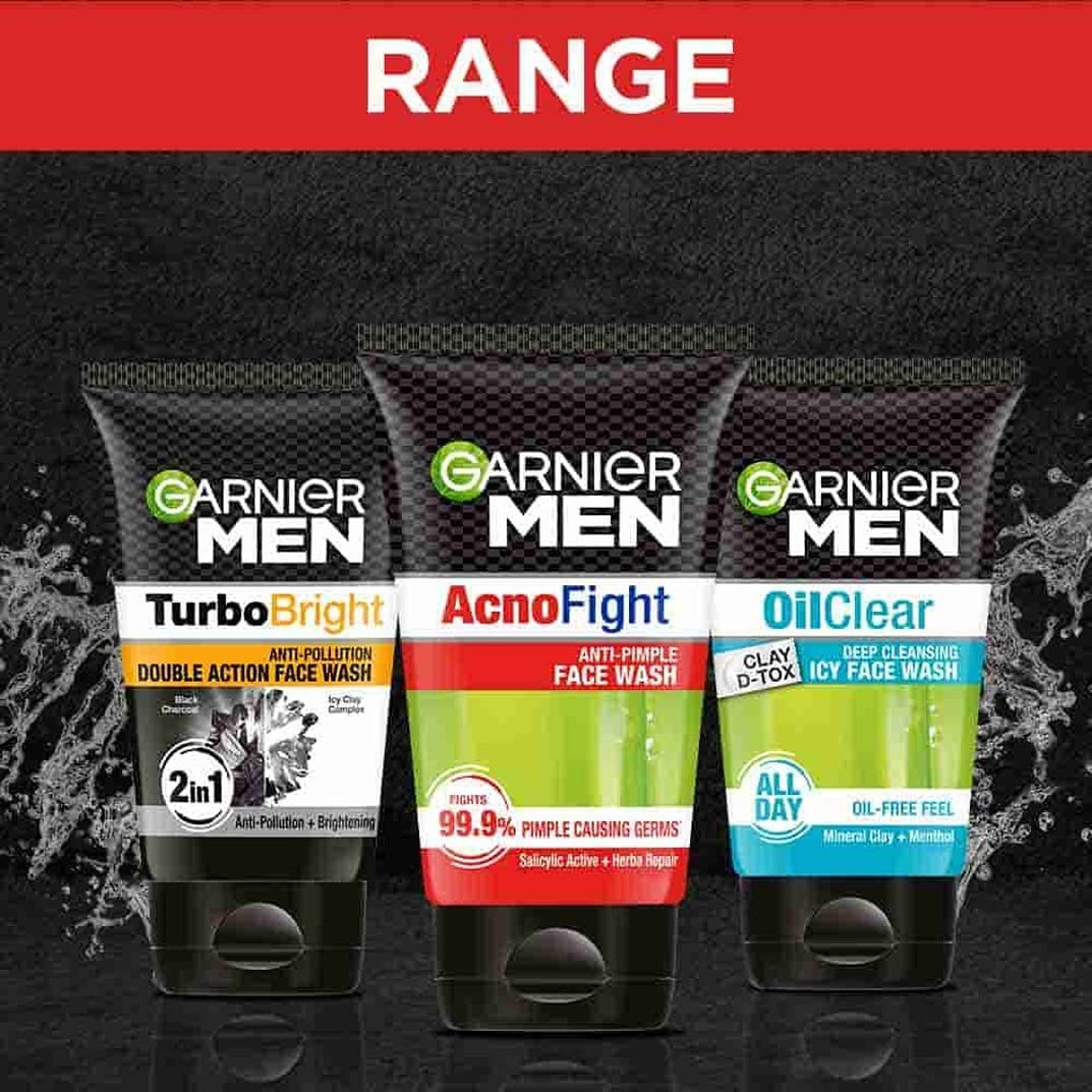 Garnier Men face wash products with labels on a black background