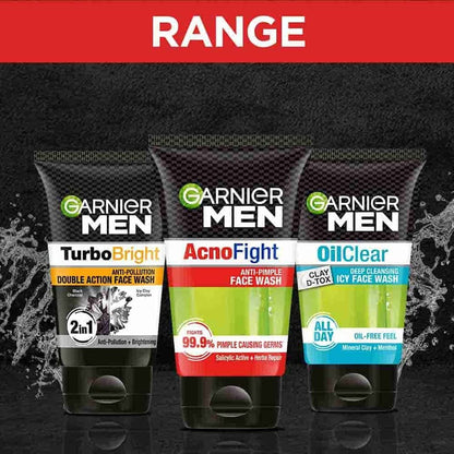 Garnier Men face wash products with labels on a black background