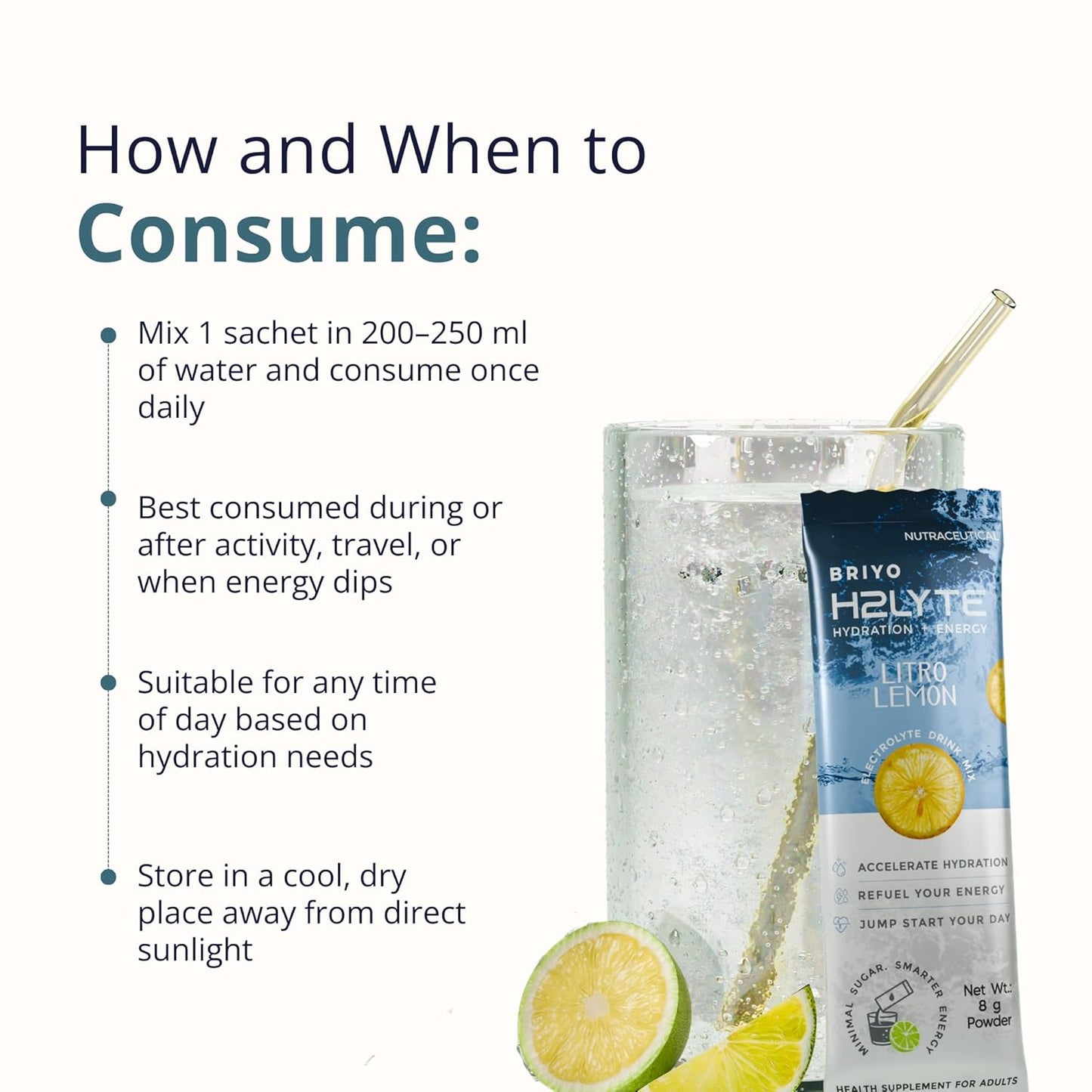 Briyo Hylyte hydration powder packet with a glass of water and lemon slices, on a white background.