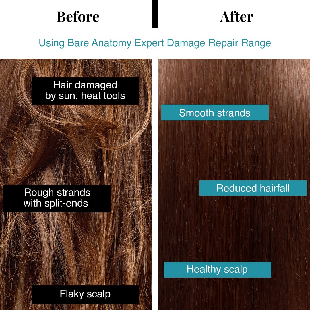 Before and after comparison of hair treatment using Bare Anatomy Expert Damage Repair Range.