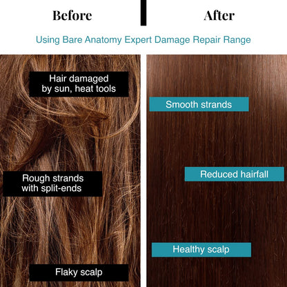 Before and after comparison of hair treatment using Bare Anatomy Expert Damage Repair Range.