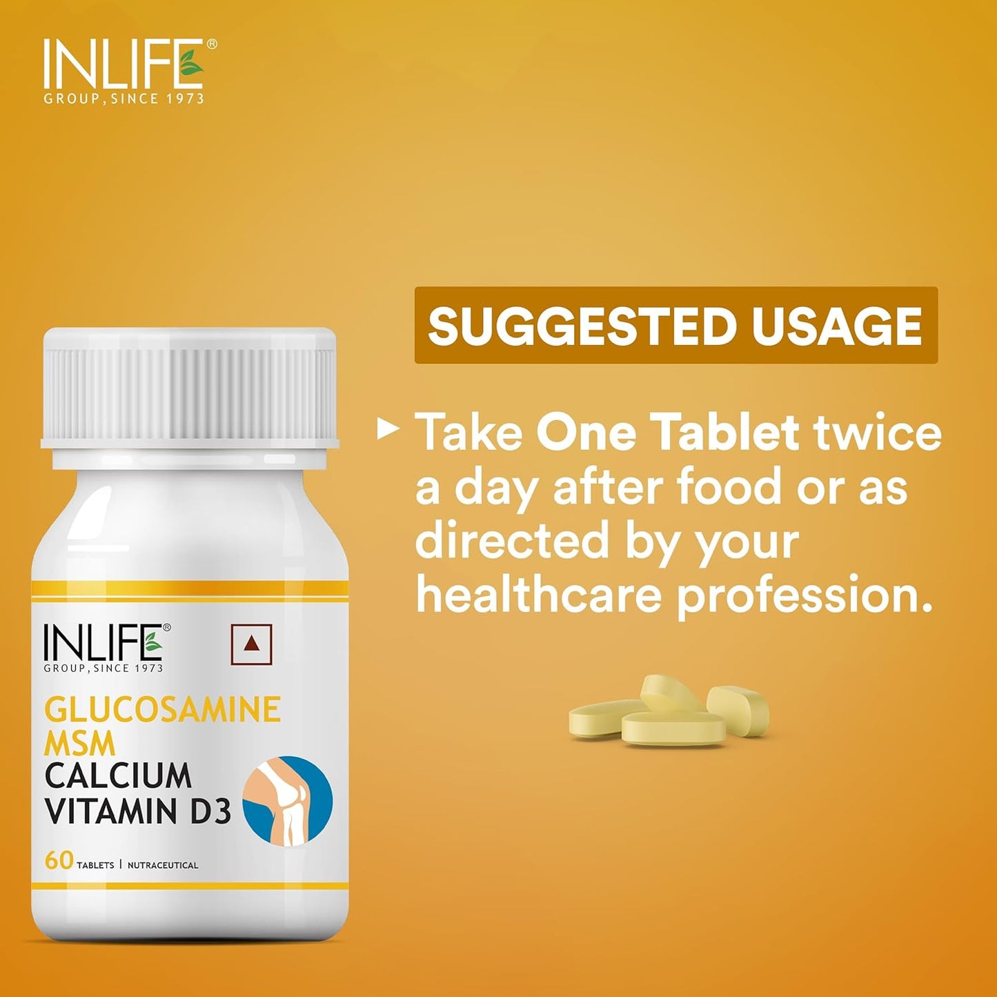 INLIFE Glucosamine Tablets for Joint | With MSM Calcium & Vitamin D3 | Cartilage, Bone Health Supplement - 60 Tablets (Pack of 1, 60)