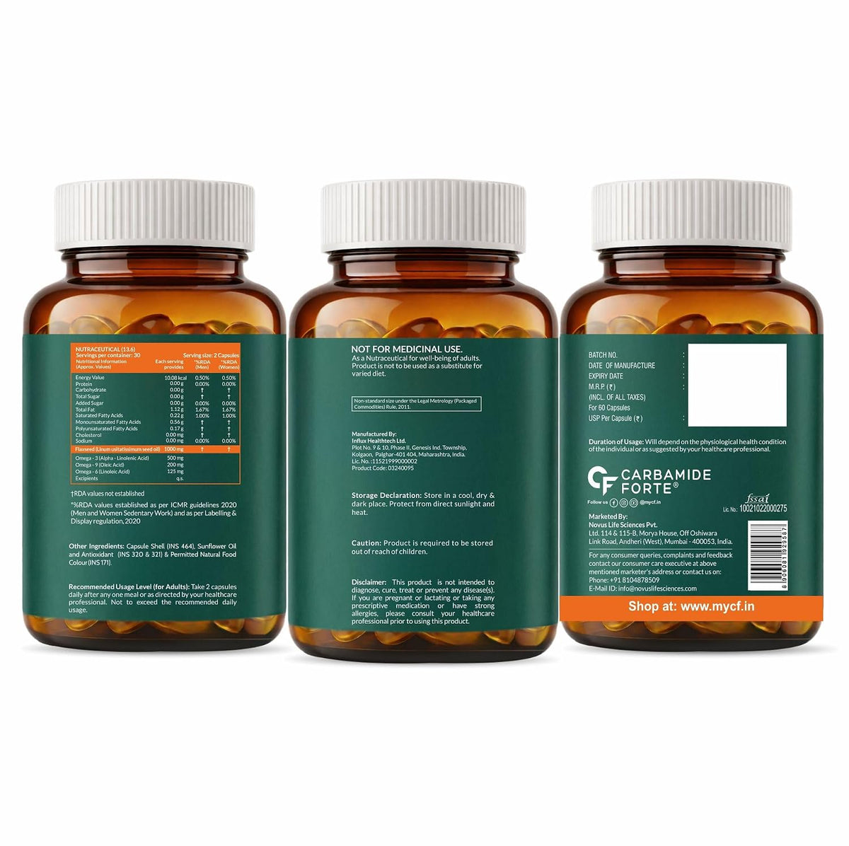 Carbamide Forte Flaxseed Oil Capsules – 1000mg Cold Pressed | omega 3 vegetarian capsules | flax seed oil with Omega 3, 6 & 9 | No Fishy Burps | Supports Heart Health, Joints & Digestion - 60 Capsules
