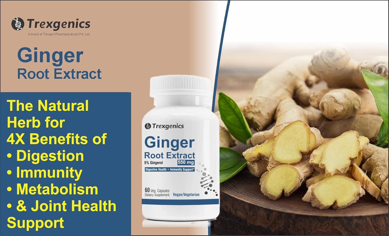 Trexegenics Ginger Root Extract supplement bottle with ginger roots on a wooden surface