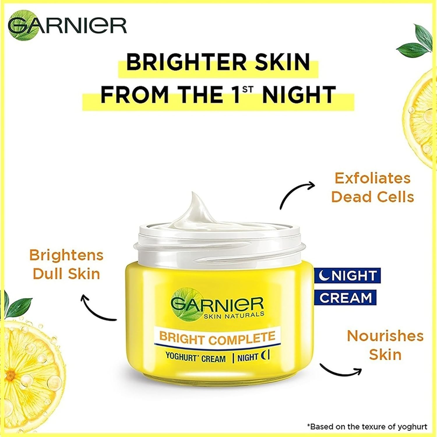 Garnier Bright Complete Night Cream jar with lemon slices on a white background