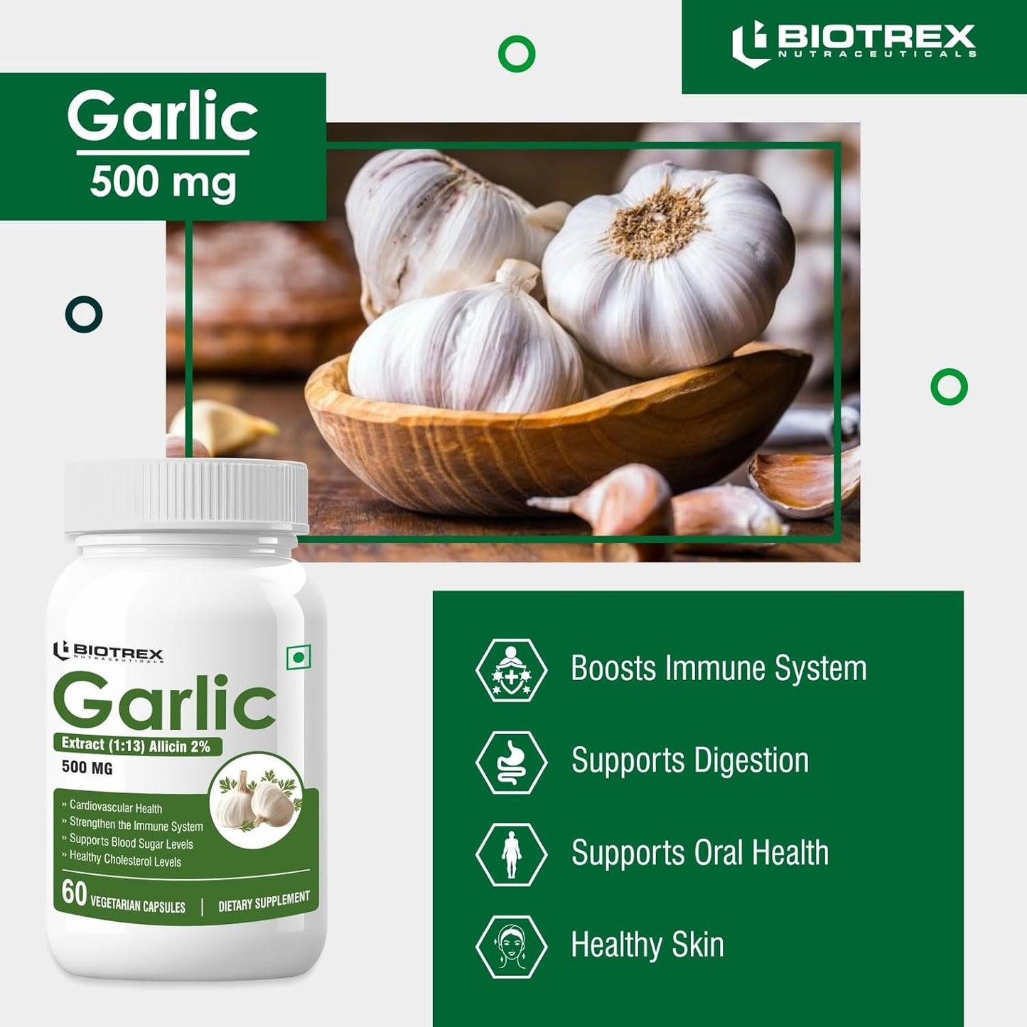 Biotrex Nutraceuticals Garlic 500 mg For Heart health,Cholesterol Management and Weight Loss - 60 Capsules