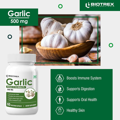 Biotrex Nutraceuticals Garlic 500 mg For Heart health,Cholesterol Management and Weight Loss - 60 Capsules