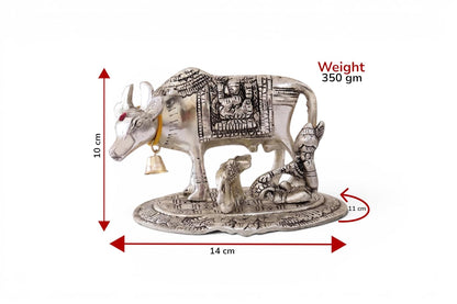 KridayKraft Kamdhenu Cow and Calf with Krishna Idol, Silver-Plated Decorative Showpiece for Home Decor and Gift, 14 x 11 cm X 10 cm, 350 g