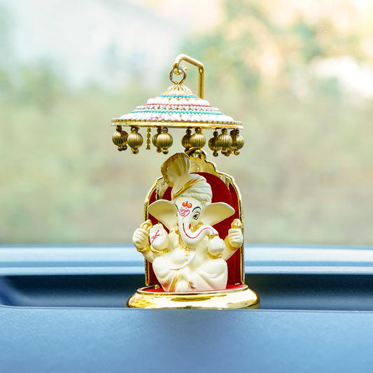 Ganesh Idol for Car Dashboard with Umbrella | Ganpati Idol for Cars | Vinayak Idols for Car Dashboard, Home Decor | Ganapathi Murti for Home | Vinayagar Statue for Office Desk (Ivory)