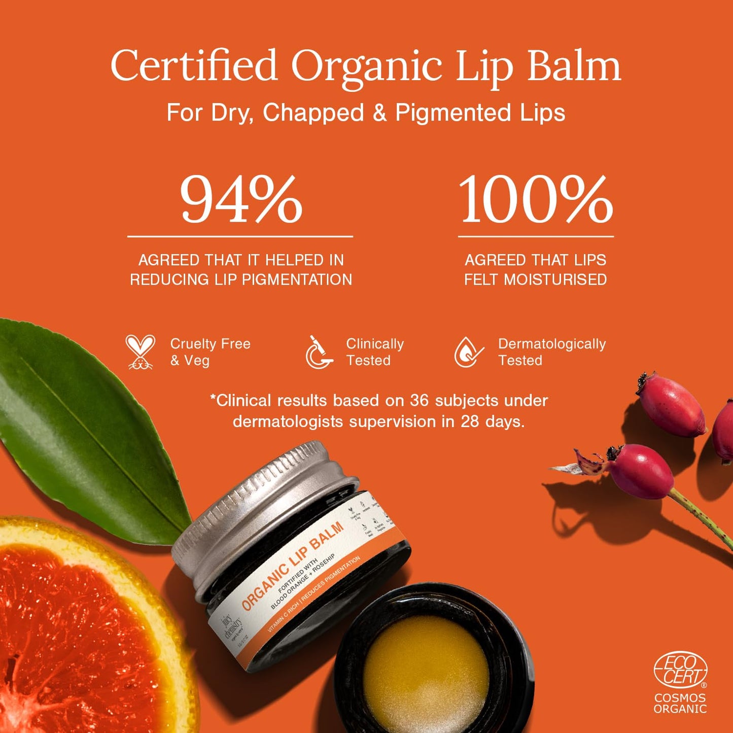Juicy Chemistry Organic Lip Balm with Blood Orange & Rosehip, 5g | Deeply Moisturising & Brightening Lip Care | Reduces Lip Pigmentation | Dermatologically Tested | 100% Natural | Certified Organic & Cruelty-Free