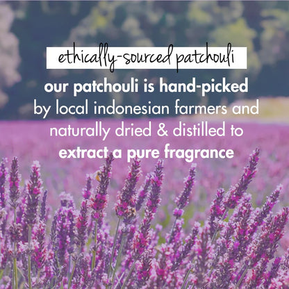 Field of lavender with text about ethically-sourced patchouli