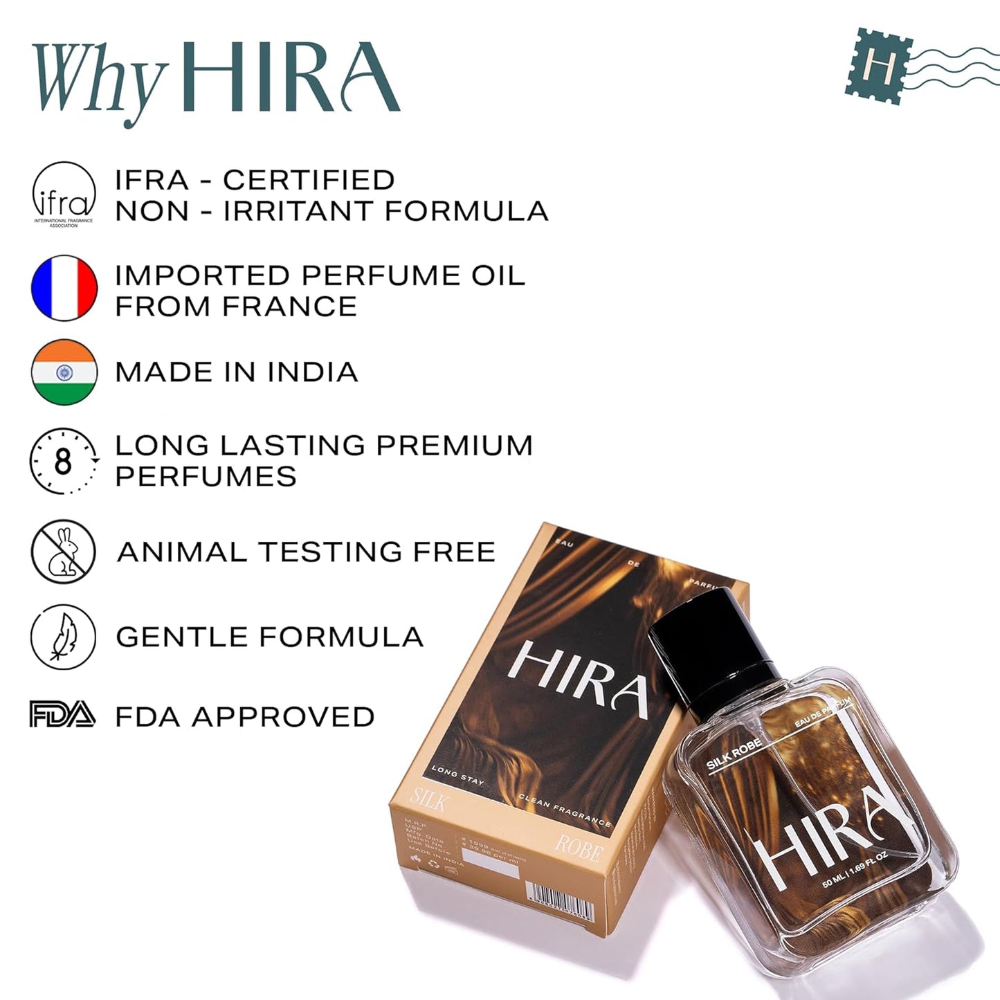 HIRA perfume bottle and packaging with certification logos on a white background