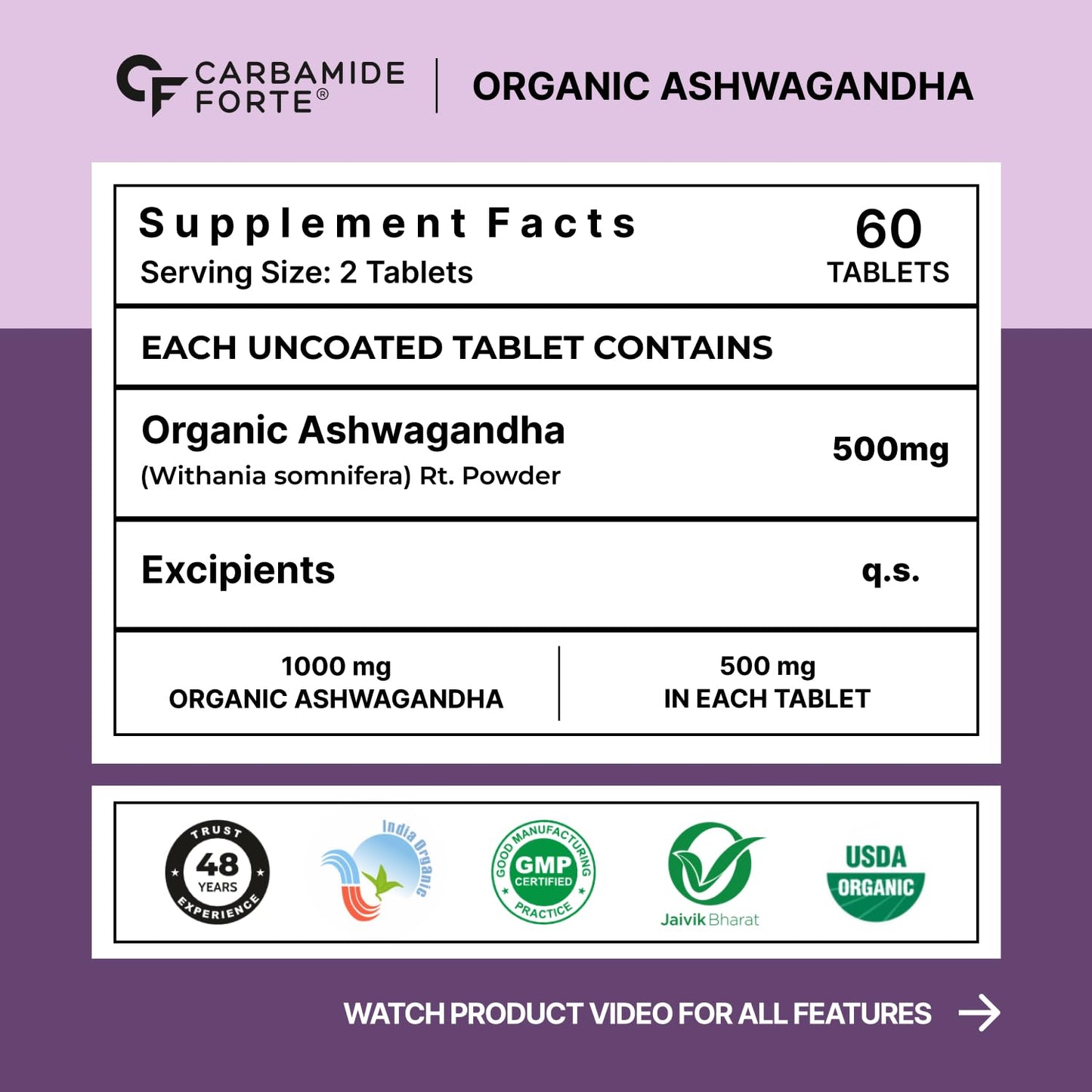 Supplement facts label for Organic Ashwagandha tablets on a purple background