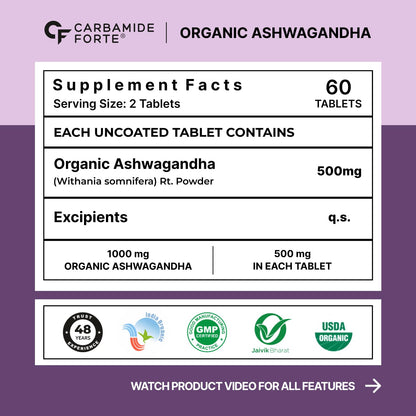Supplement facts label for Organic Ashwagandha tablets on a purple background