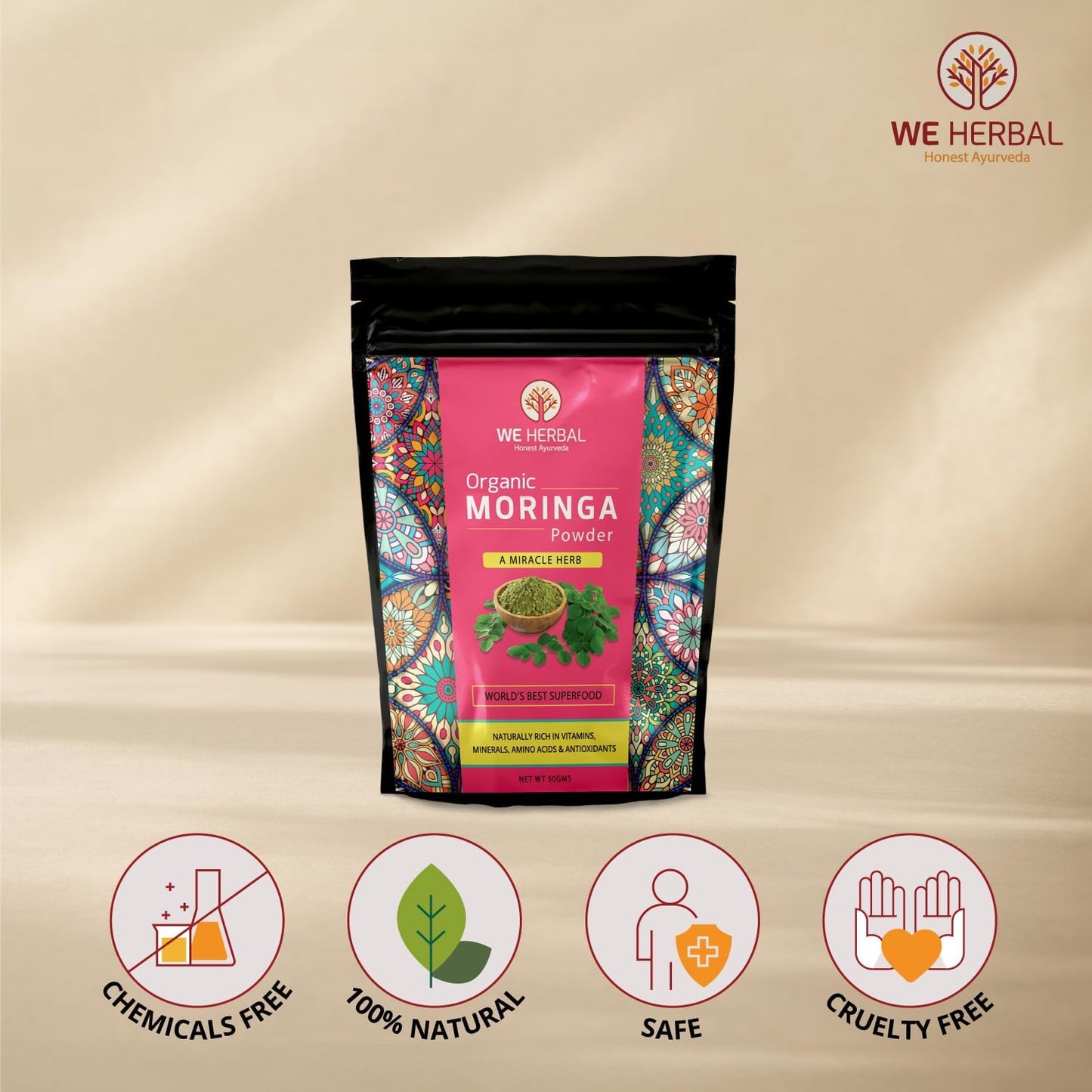 WE HERBAL Organic Moringa Powder, 100% Natural, Helps in Weight Loss, Reduces Bad Cholesterol, Rich in Vitamins, Minerals & Antioxidants, 50gms