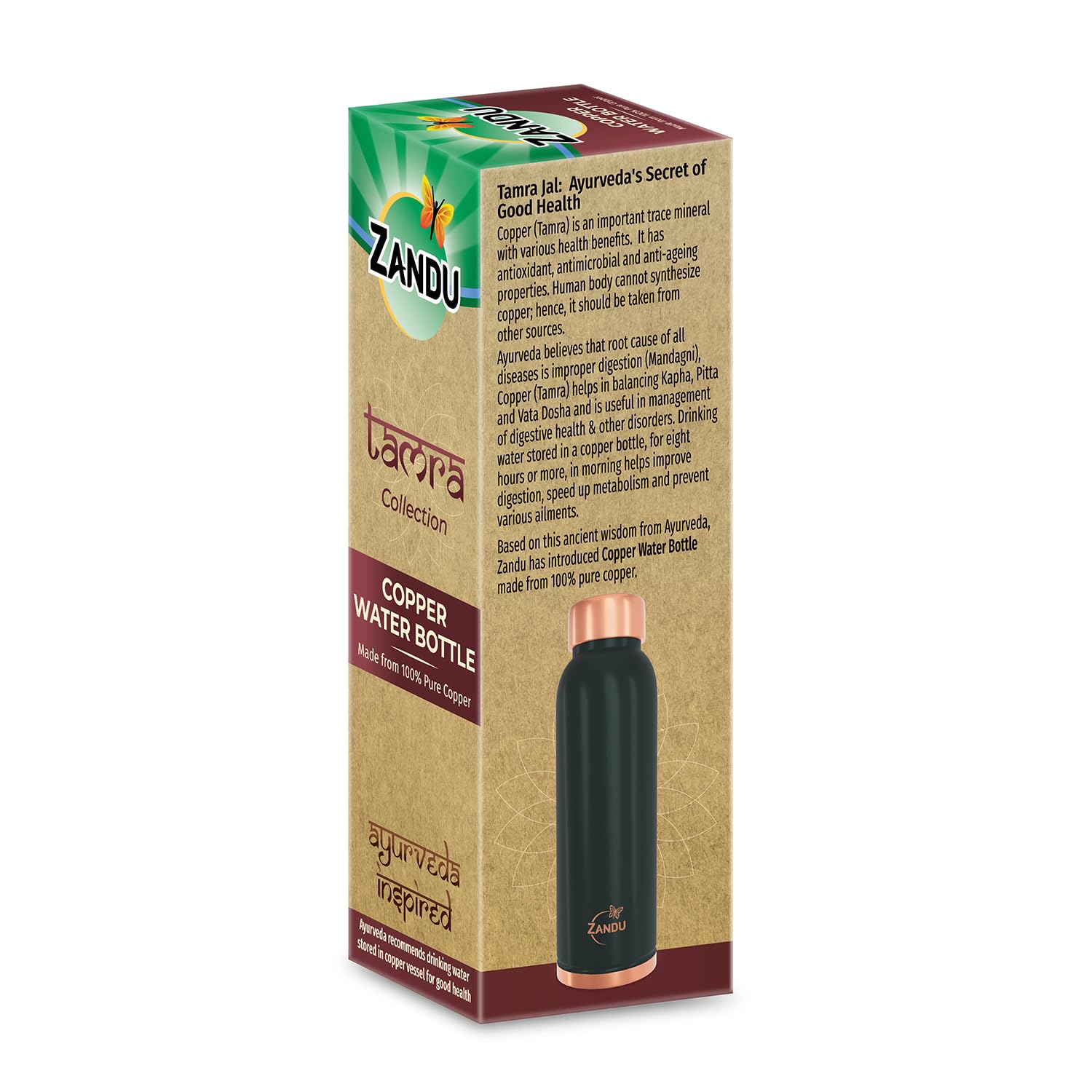 Zandu copper water bottle packaging on a white background