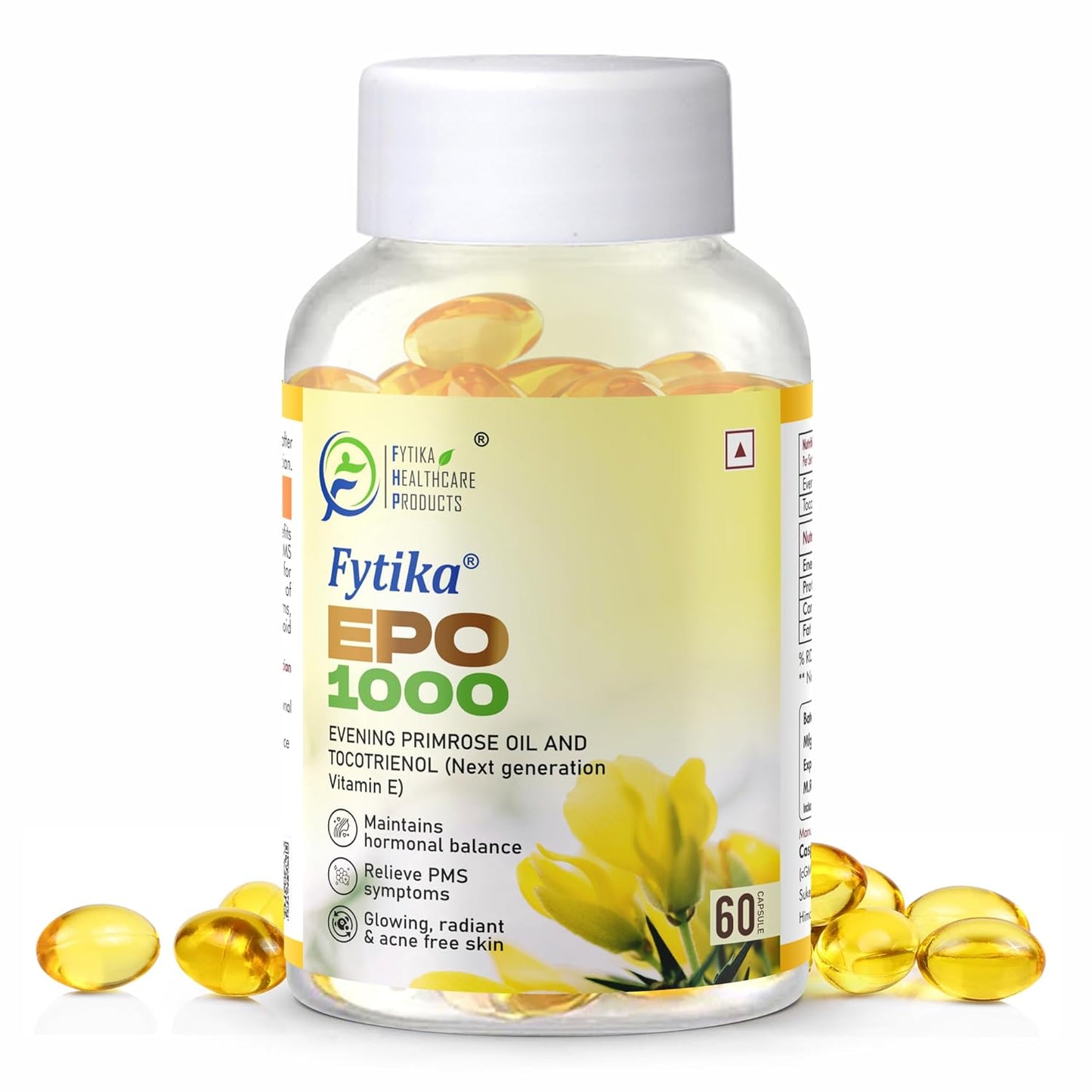 Fytika Epo 1000 Evening Primrose Oil and Tocotrienol Capsules | For Healthy and Acne free Skin | Supports Hormonal Balance in Women | Helpful in PMS & Menopause | Natural Oil Extract 60 Softgels Capsules